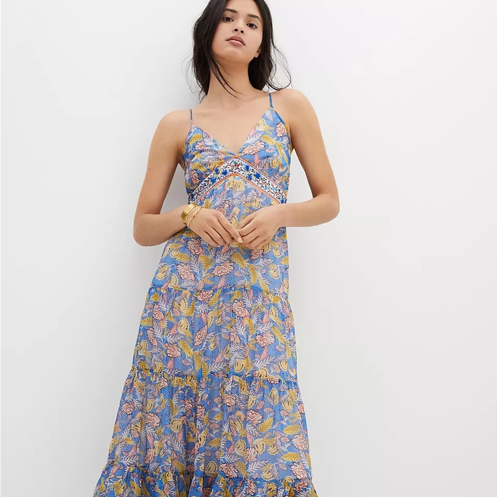 Verb by Pallavi Singhee Anthropologie Vineyard Tiered Maxi Dress Blue Floral 12